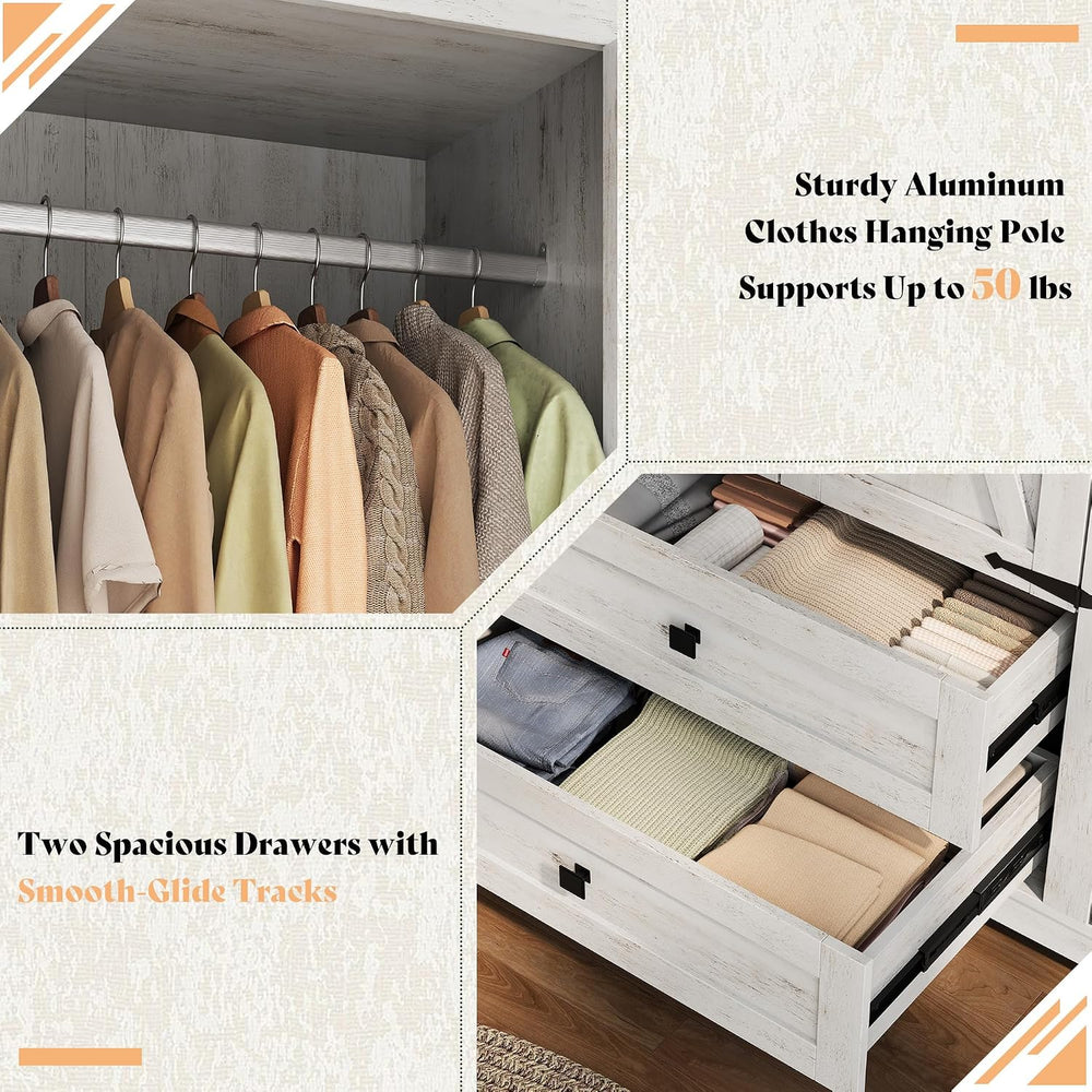 AMERLIFE Farmhouse 3 Door Wardrobe Closet with 2 Drawers & Hanging Rod