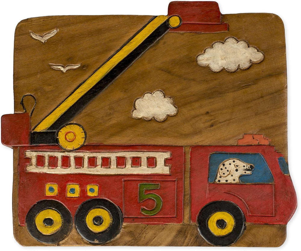 Sea Island Imports Red Fire Truck Design Hand Carved Acacia Hardwood Decorati...