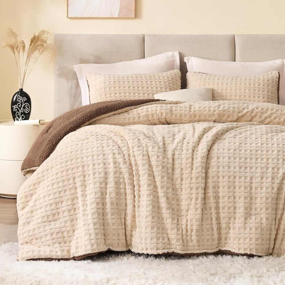 Taffeta Sherpa Comforter Set King 3 Pieces,Khaki&Brown
