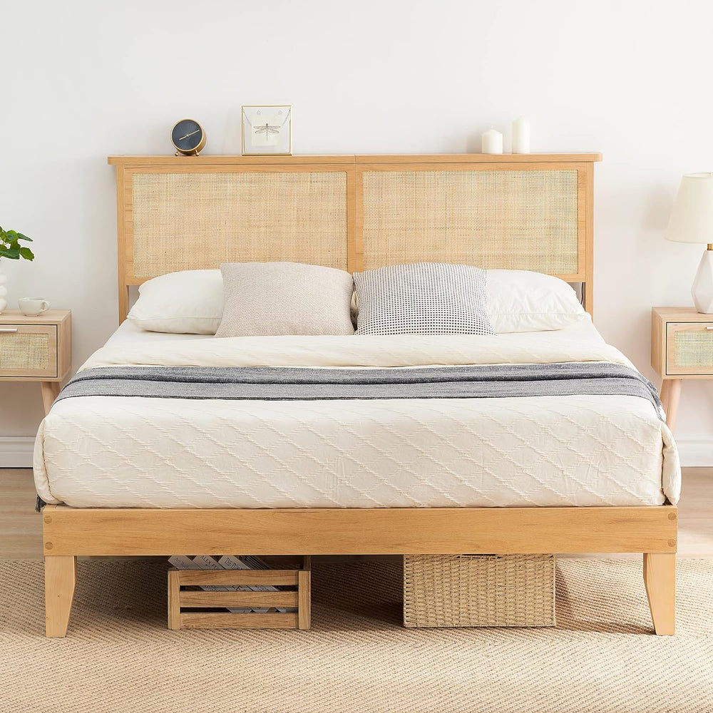 Bohemian Full Rattan Bed LED Natural Headboard Bedroom