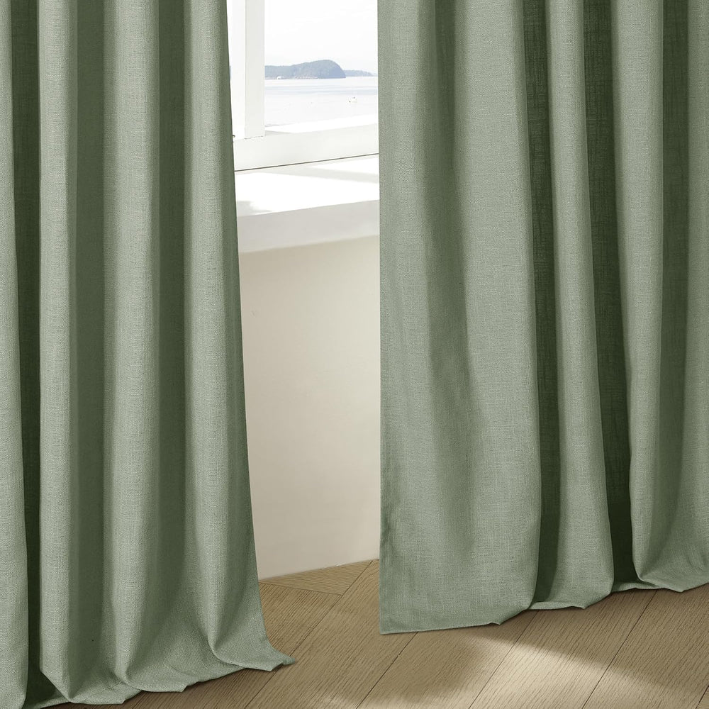 Pinch Pleated Sage Green Thick Linen Curtains 96 Inch Length 2 Panels Set