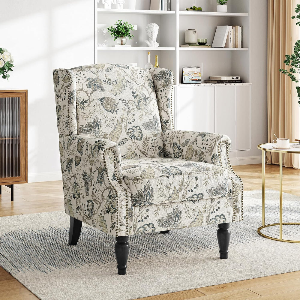 Floral Print Wingback Accent Chair, Retro Modern Farmhouse Armchair with High...