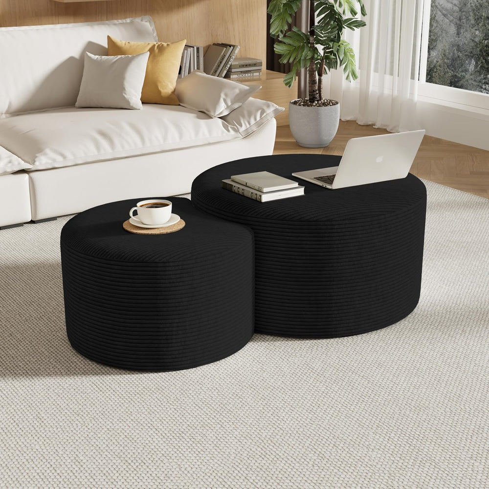 Round Nesting Coffee Table Set of 2,Upholstered Foam Ottoman Footrest Side Ta...