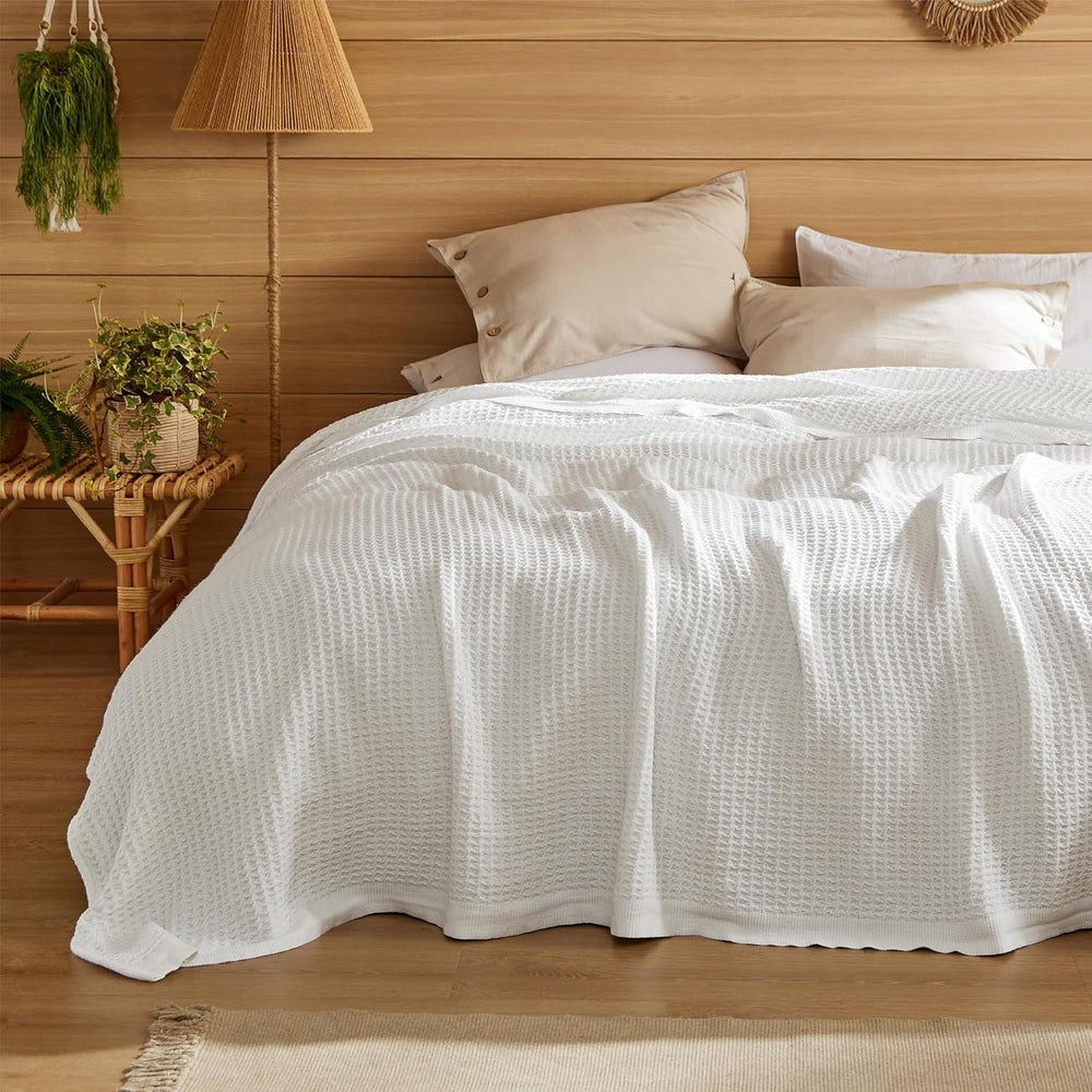Bedsure 100% Cotton Blanket, Waffle Weave, Full Size, White, 80"x90"