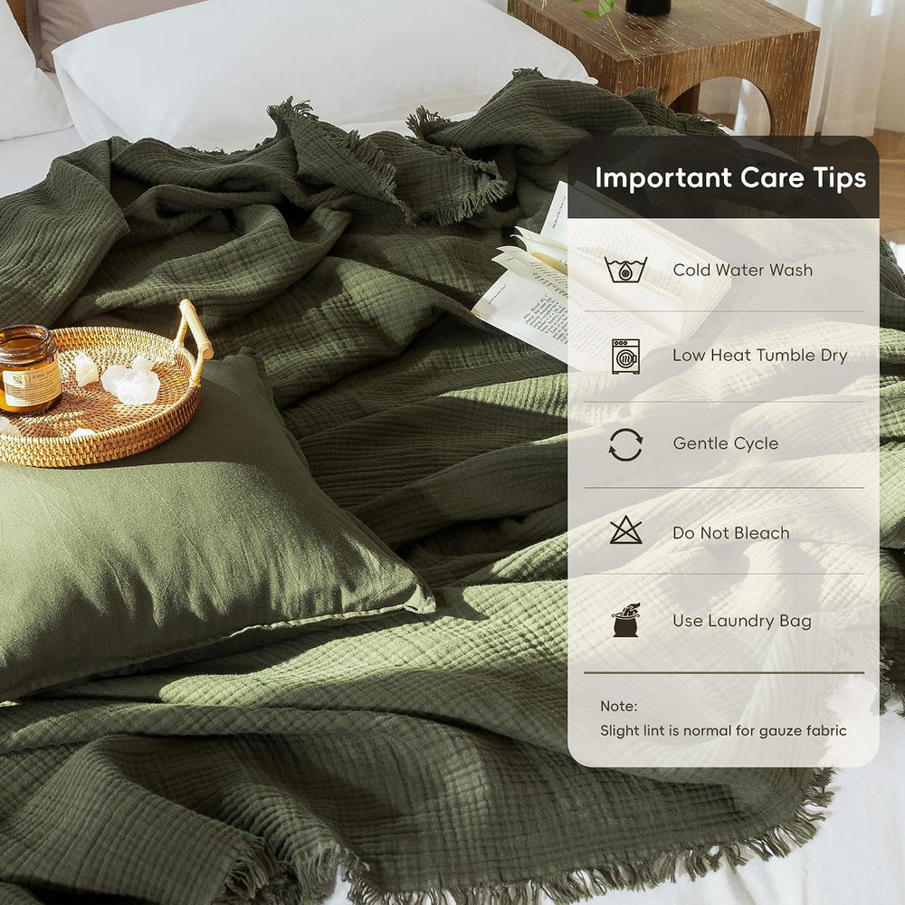 MooMee 100% Cotton Muslin Blanket, Fringed 4-Layer Gauze Bed Throw Blankets