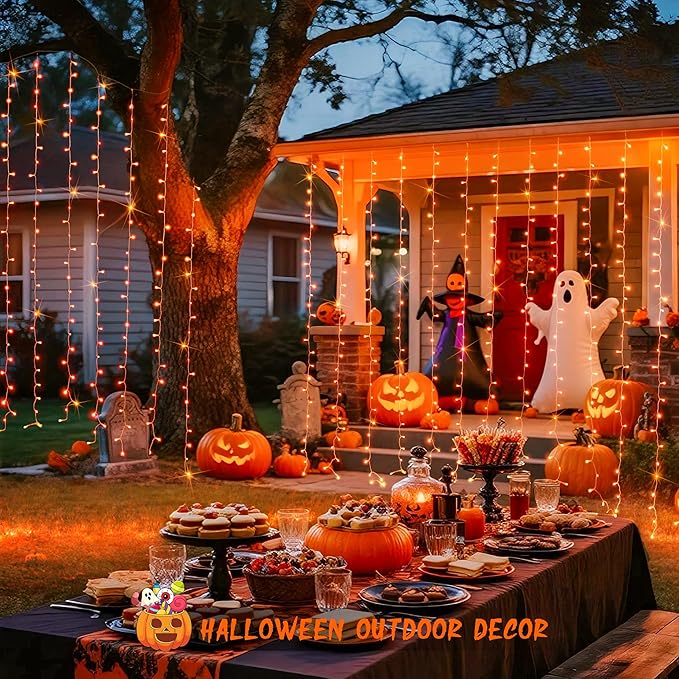 JMEXSUSS 300LED Orange Halloween Lights with Remote, 9.8x9.8ft Halloween Curt...