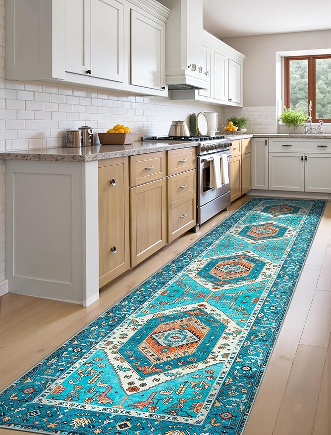 SERISSA Runner Rug for Hallways, Extra Long Boho Rug Ultra Soft Vintage Blue