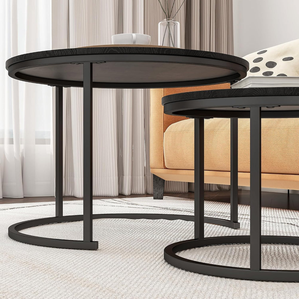 HOJINLINERO Round Nesting Coffee Table Set of 2,Wood Cocktail Table,Black | C...