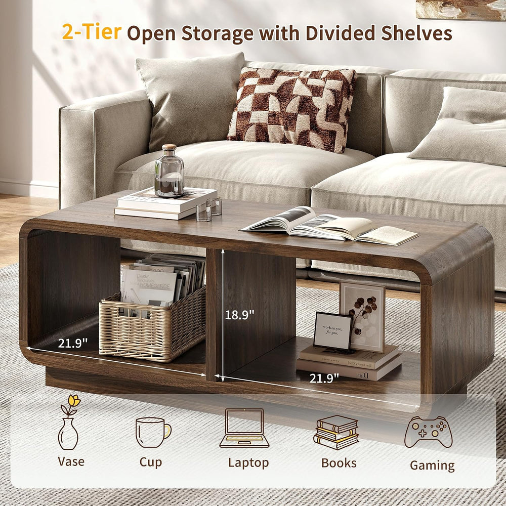 48" Modern Coffee Table with Storage Shelf, Living Room, Walnut