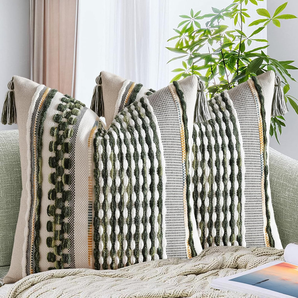 AmHoo Set of 2 Chenille Striped Textured Boho Throw Pillow Covers Aesthetic w...