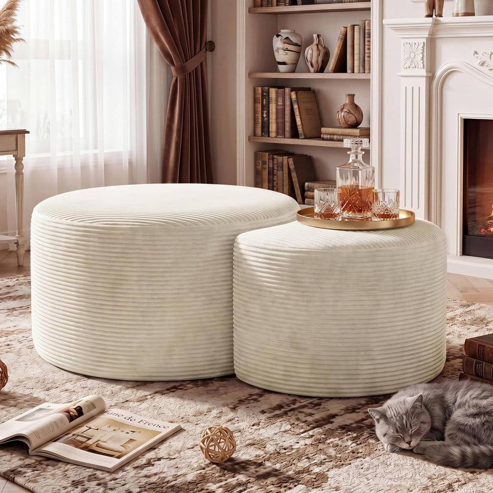 BSHOMGI Round Coffee Table Set of 2, Movable Ottoman for Corduroy Cloud Secti...