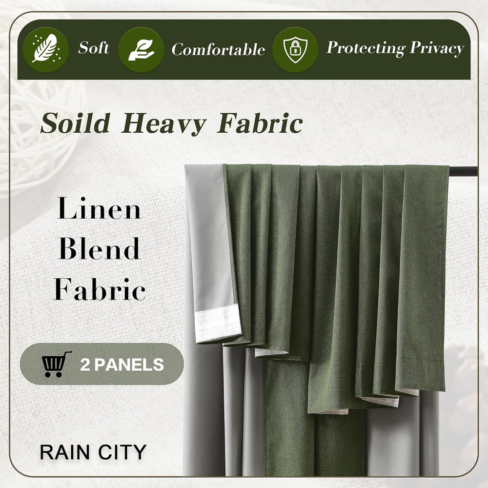 RAIN CITY Extra Wide Linen Blackout Curtains & Drapes with Hooks 70 in Wi...
