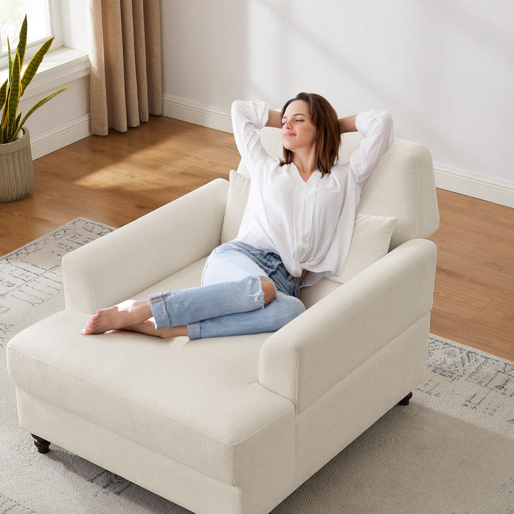Oversized Chaise Lounge Chair with Adjustable Backrest, Polyester White