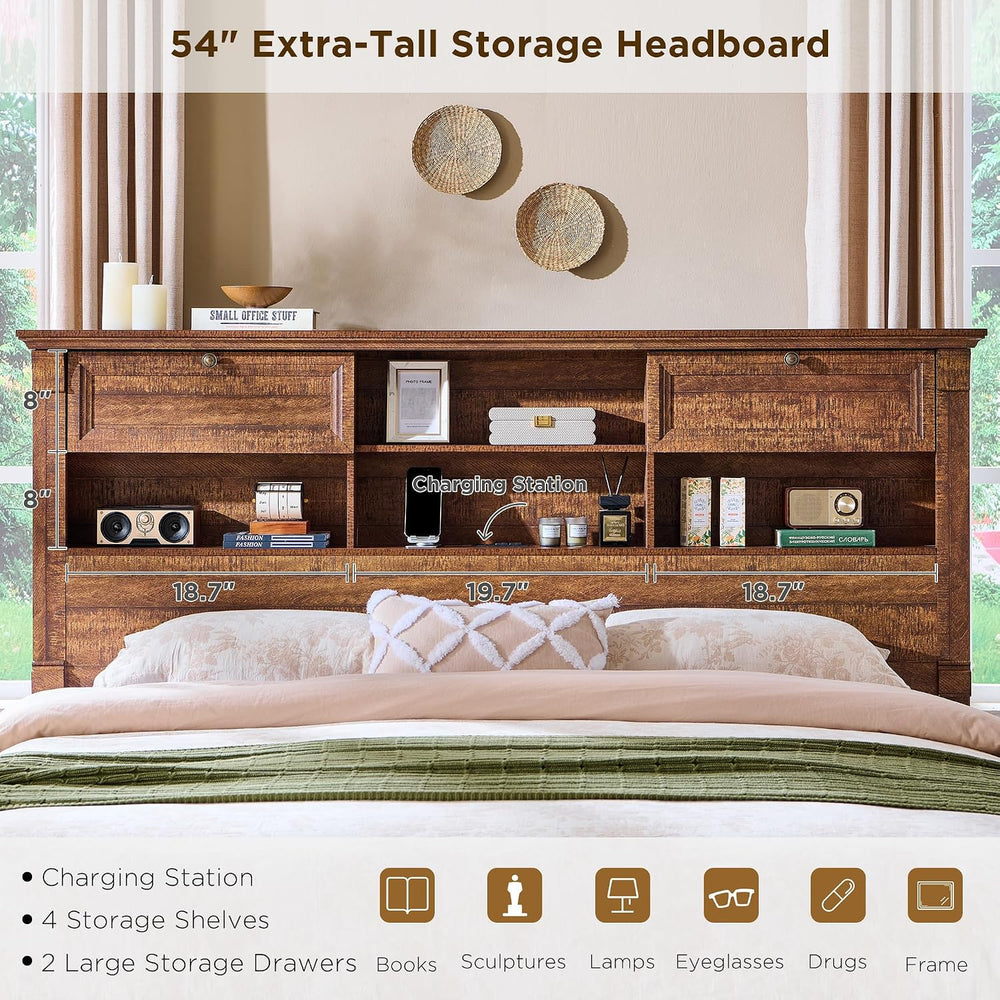 Farmhouse Queen Size Bed Frame with 54" Tall Headboard, 2 Footboard Drawers