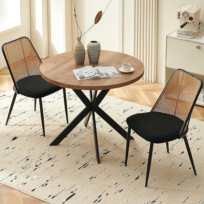 Dining Chairs Set of 2, Boho Rattan Back Dining Room Chairs Upholstered Boucl...