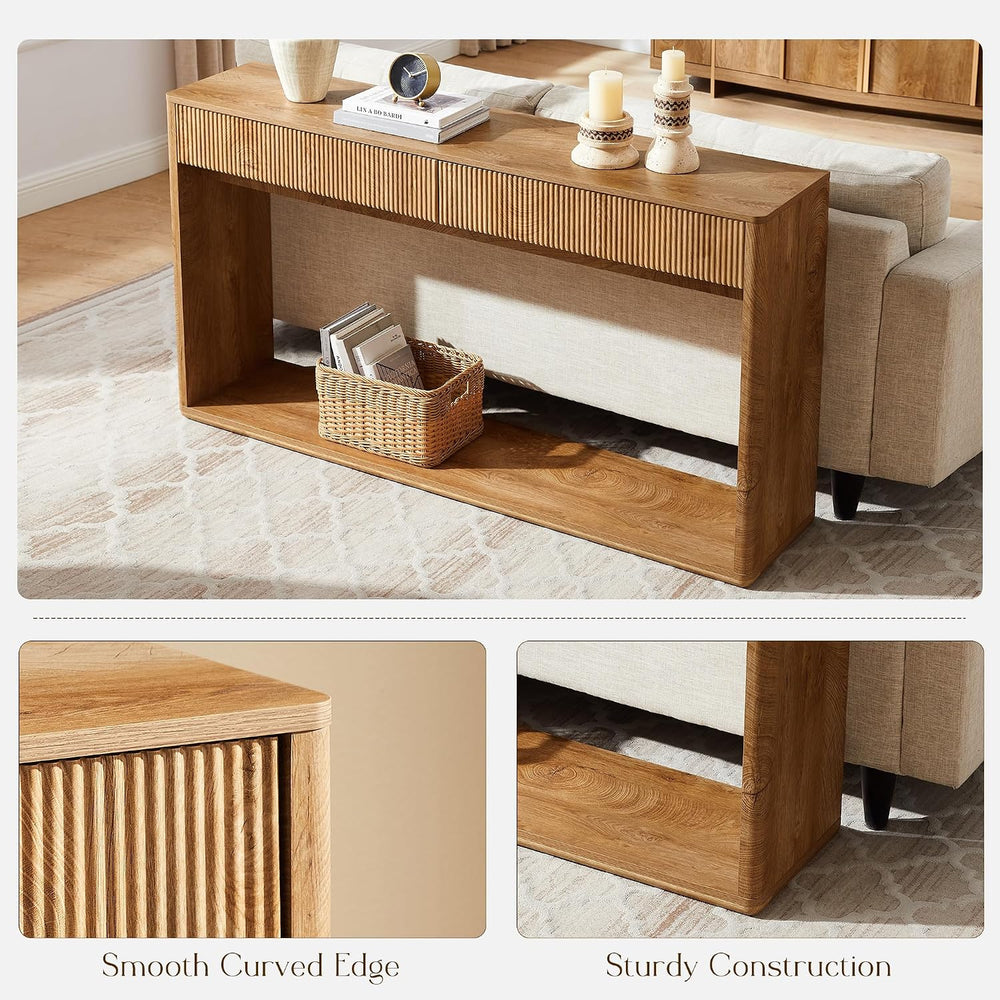 OKD 63" Fluted Console Table for Entryway with 2 Drawers, Light Knotty O...