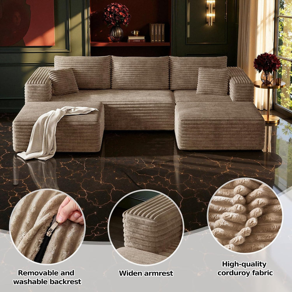 MoonSpeak 108" Boneless Sectional Cloud U Shaped Couch, Khaki | deep sea...