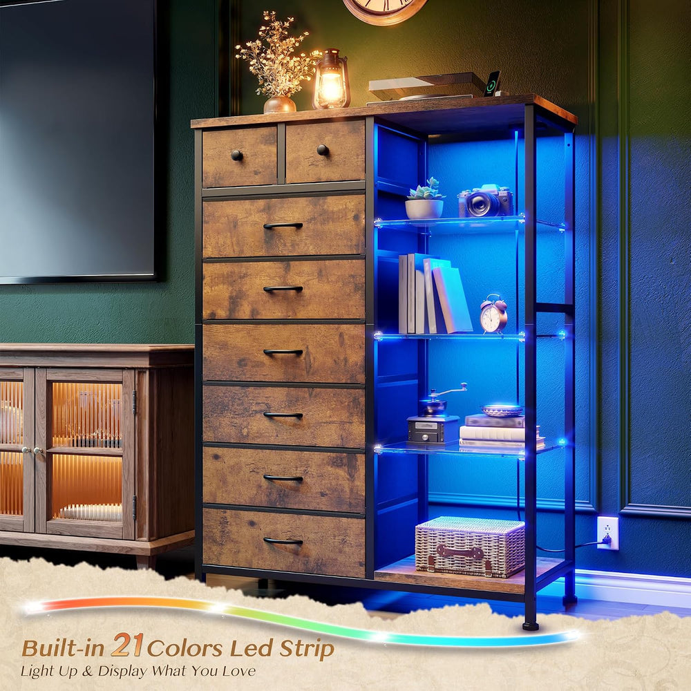 EnHomee Dresser with LED Lights & Power Outlets, 8 Drawers, 54" H, B...