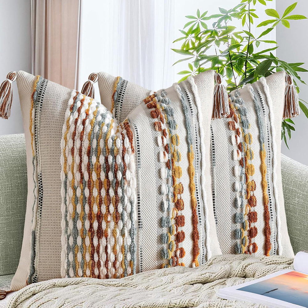 Set of 2 Chenille Striped Textured Boho Throw Pillow Covers Aesthetic with Ta...