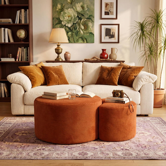 BSHOMGI Nesting Coffee Table Set of 2,Corduroy Ottoman Soft Foot Rest Movable LargePouf Footstool for Living Room Sofa Couch Bedroom Entryway and Small Spaces No Assembly (Orange, 32"+17")