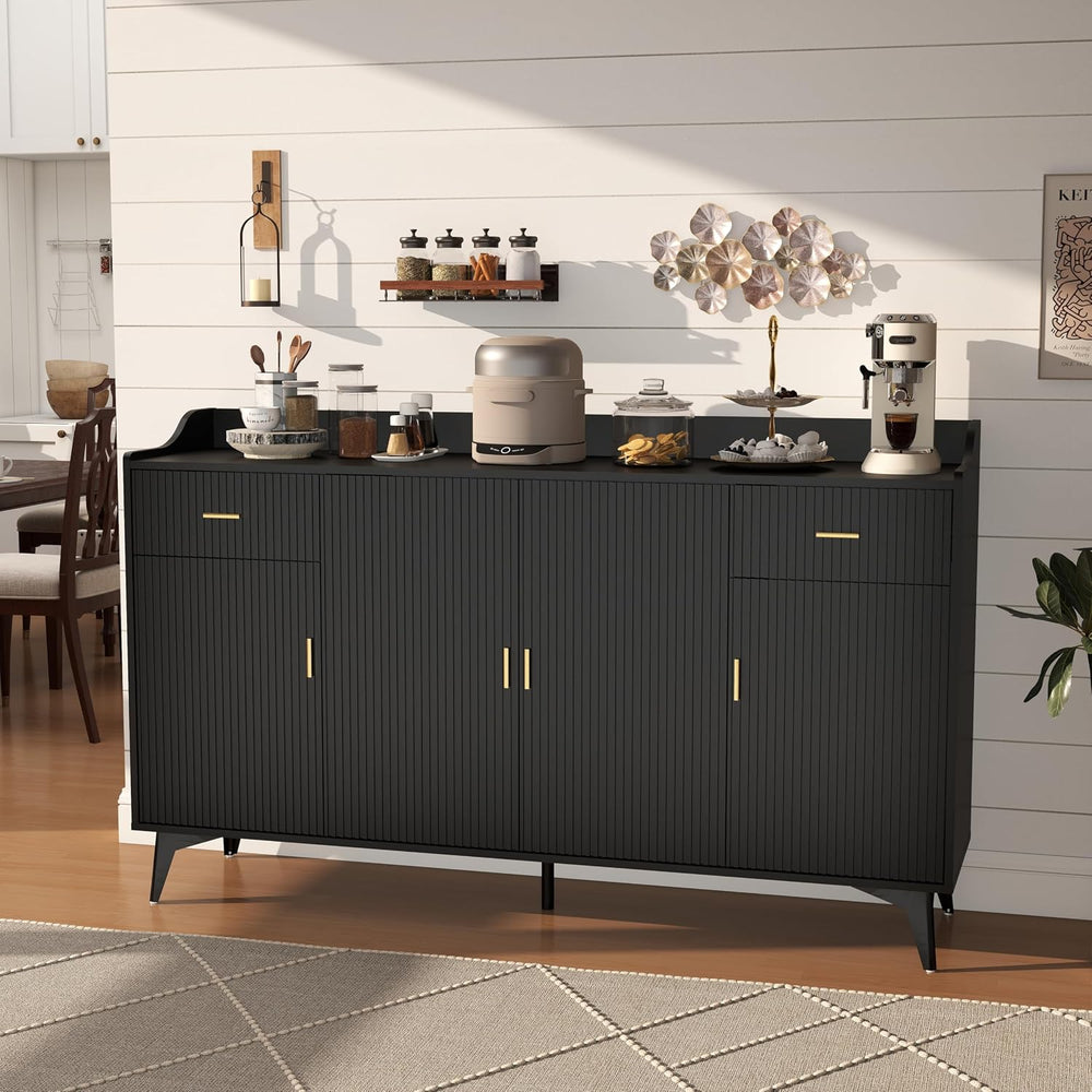 Sideboard Buffet Cabinet with Drawers: 63" Black Fluted Sideboard Cabine...