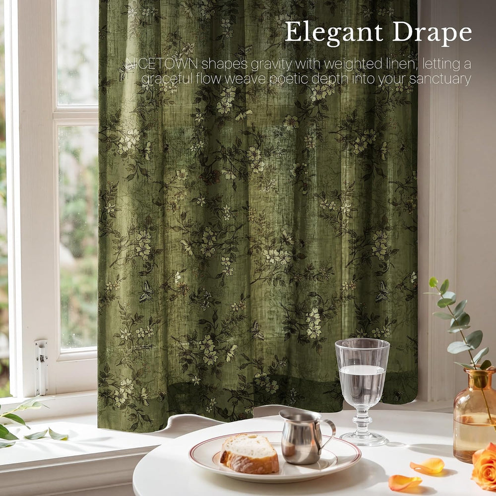 NICETOWN Pinch Pleated Floral Linen Curtains 36 inch Long, Forest Green