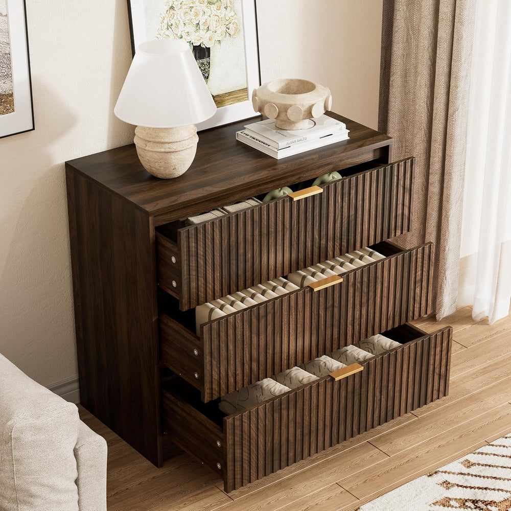 3 Piece Modern Bedroom Set, 9 Drawer Dresser with 2 Nightstands, Walnut