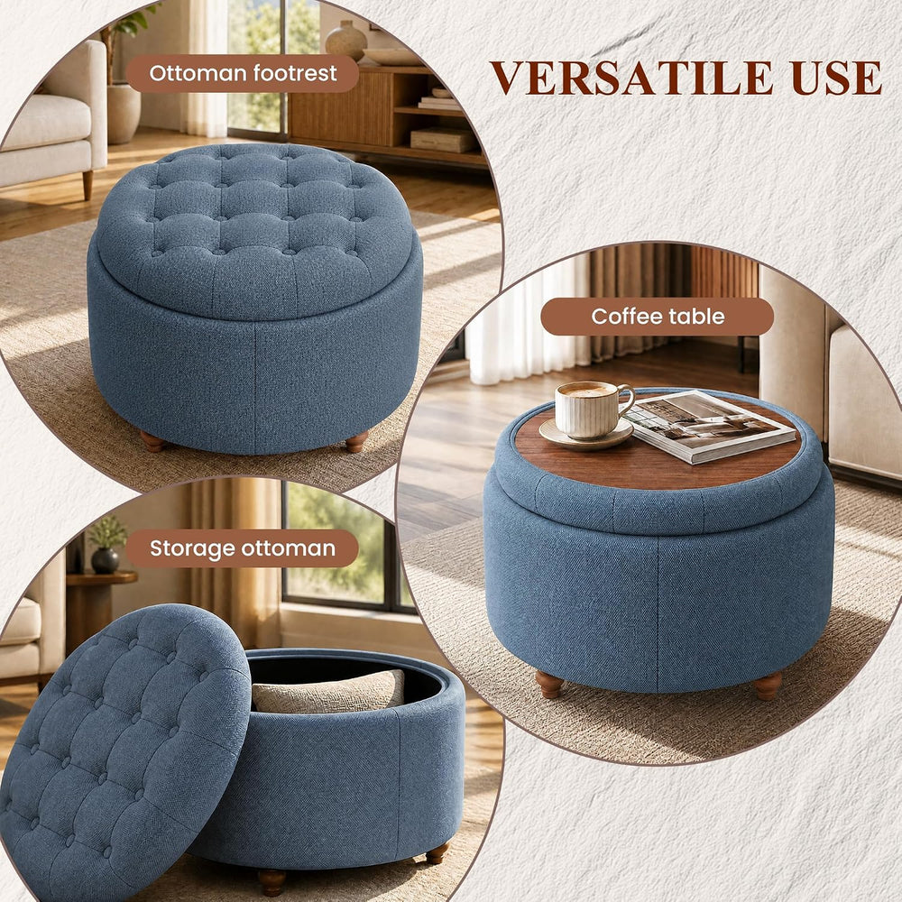 25" Round Ottoman with Storage, Small Coffee Table with Reversible Tray Lid