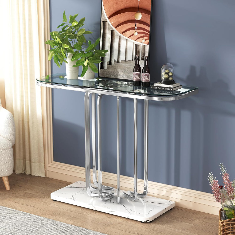O&K FURNITURE 43" Modern Glass Console Table with Curved Chrome Fram...