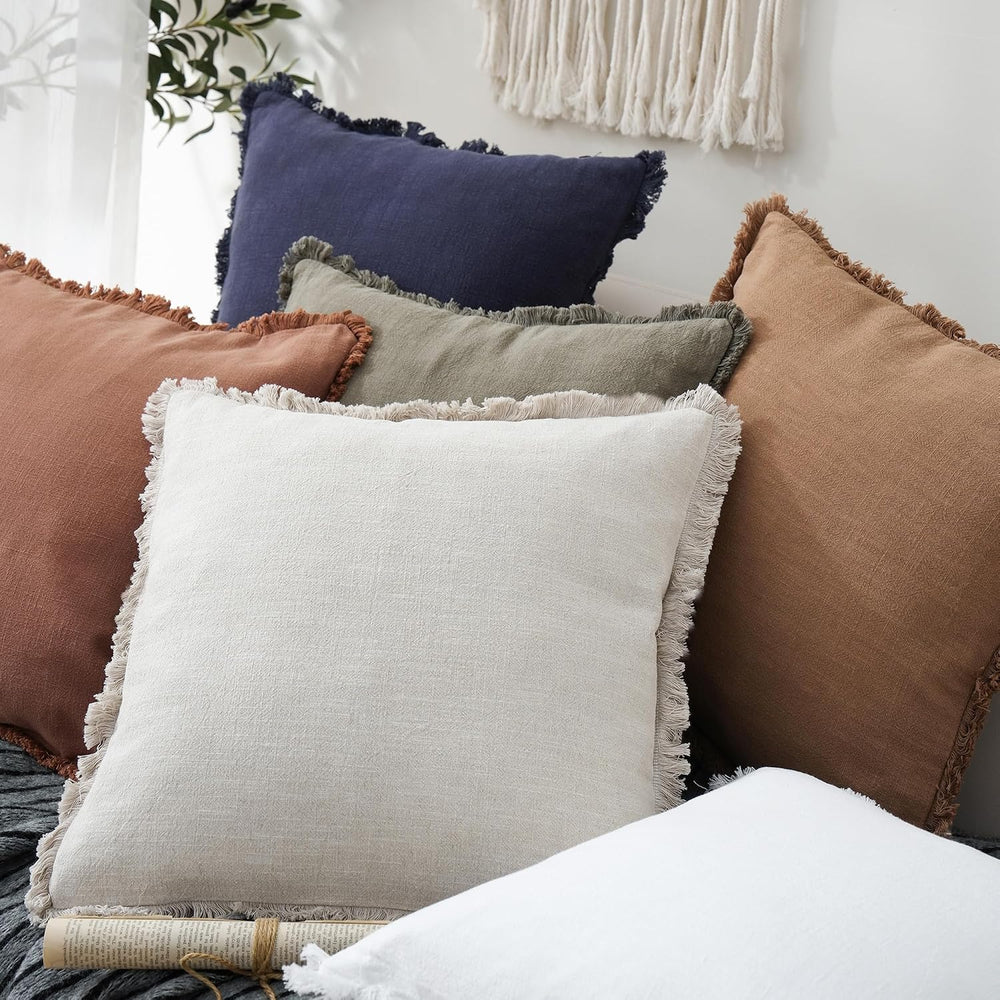 Foindtower Decorative Linen Fringe Throw Pillow Covers 26×26 Inch,Beige