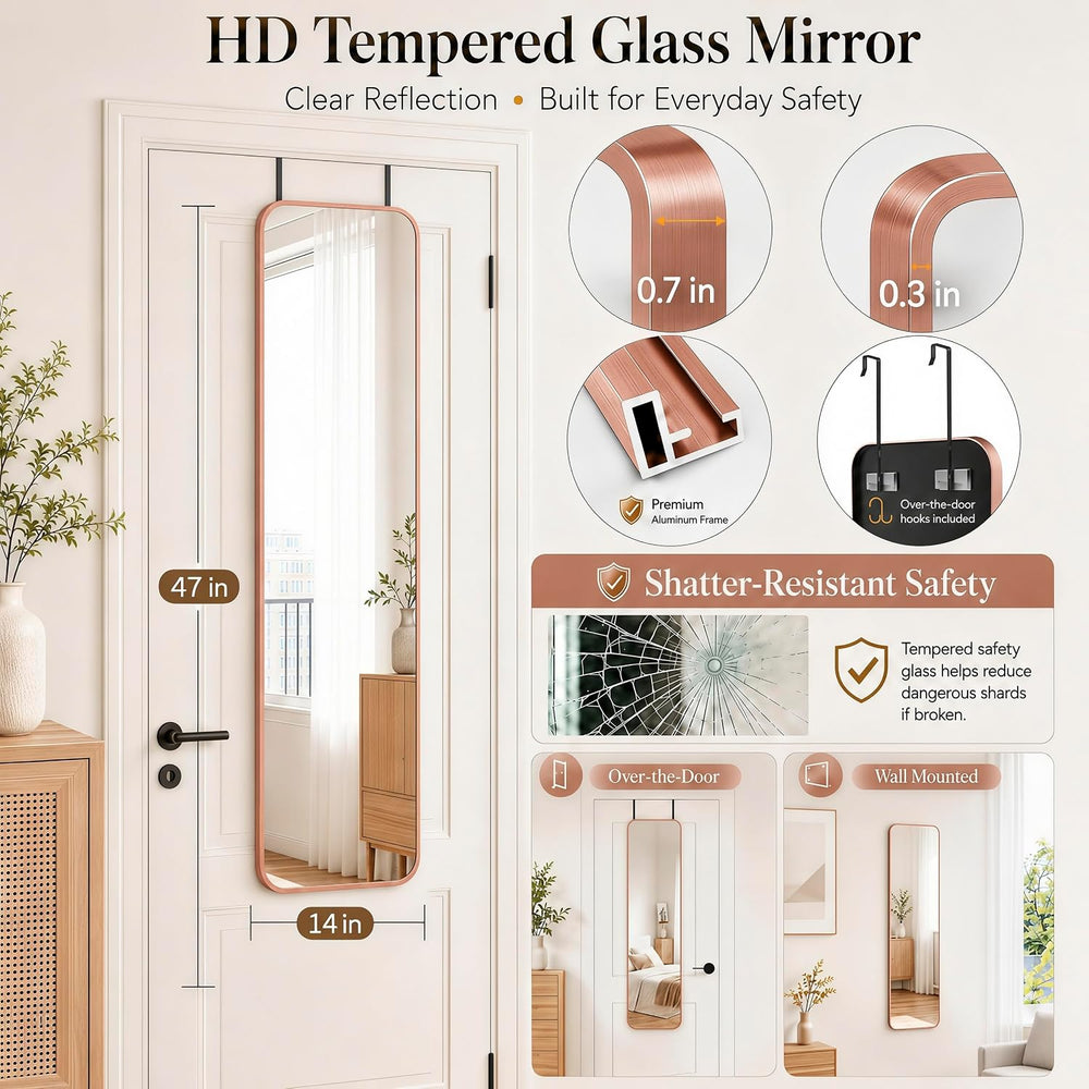 47x14" Full Length Mirror Over the Door Hang or Wall Mounted RoseGold