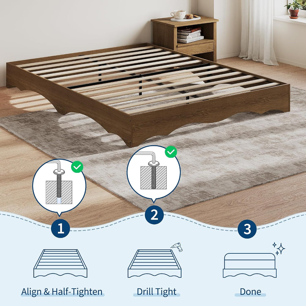 Garvee Full Wood Platform Bed Frame, Wave Edge Bed with Sturdy Slat Support, ...