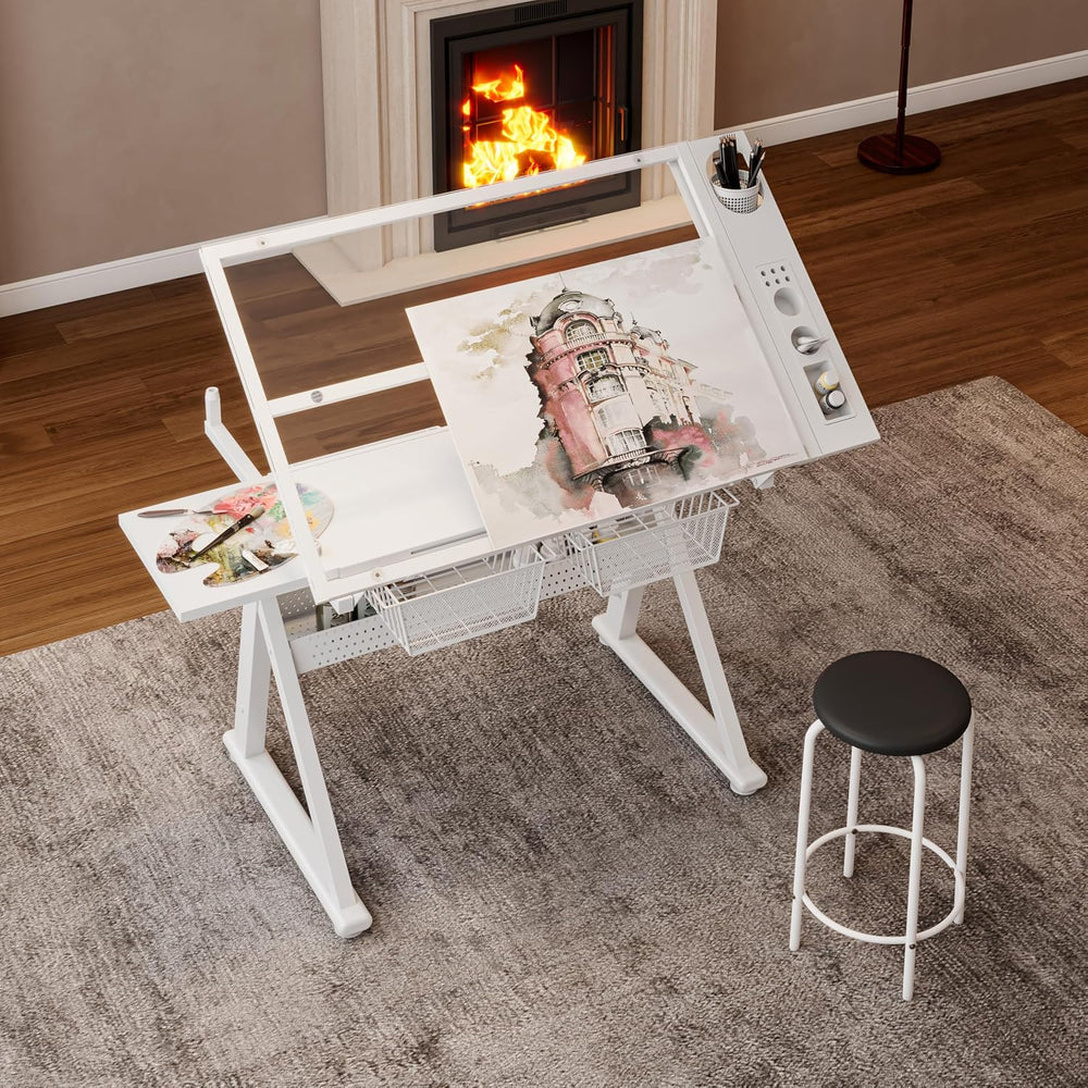 Height Adjustable Drafting Art Table for Adults, White Tempered Glass Draftin...