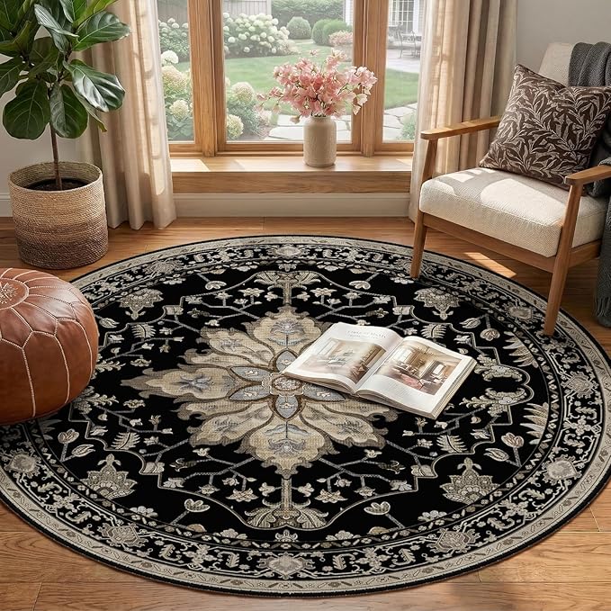 Area Rugs 4ft Washable Non-Slip, Floral Vintage Distress Print Pattern