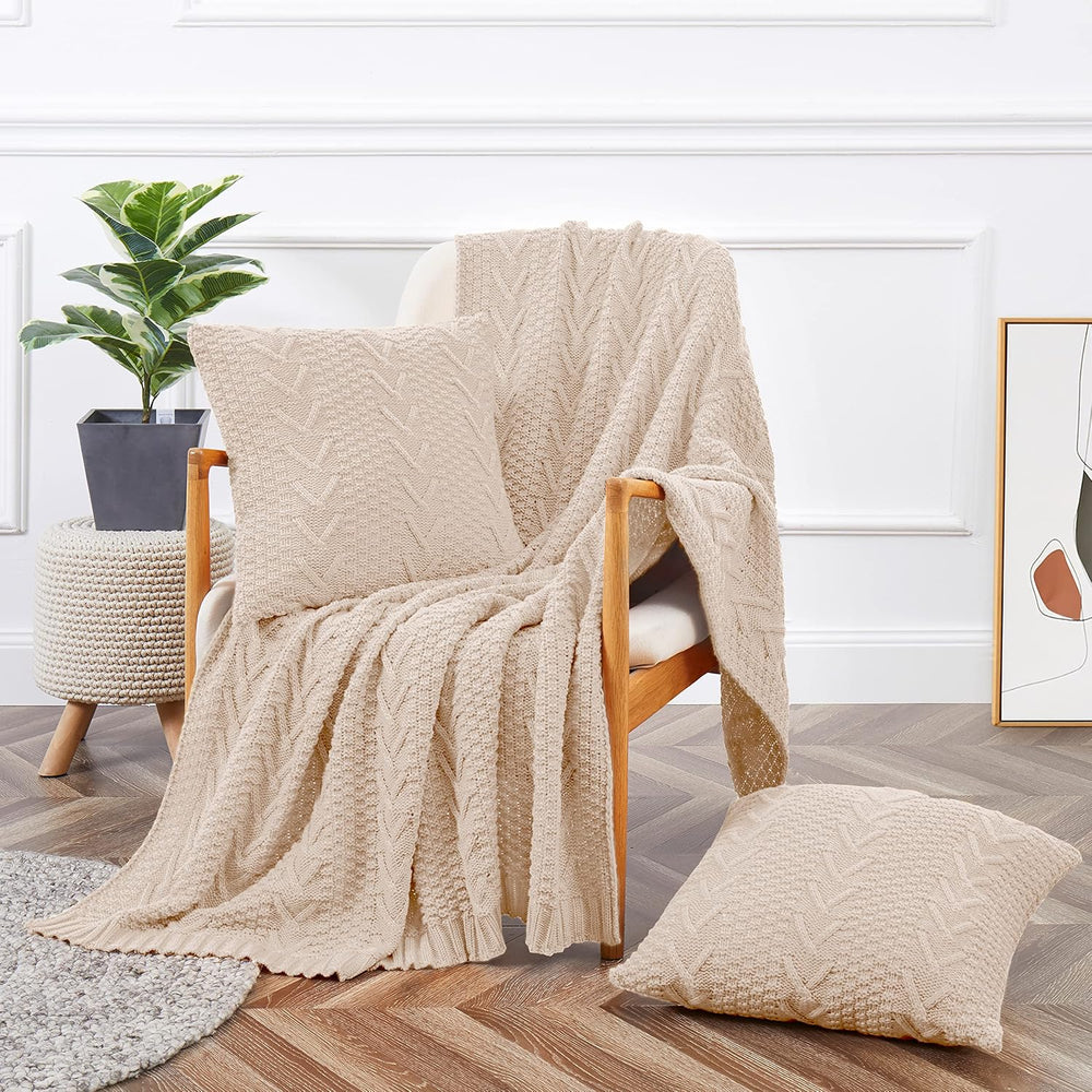 Aormenzy Knitted Throw Blanket (50" x 60") and 2 Pillow Covers (18&...