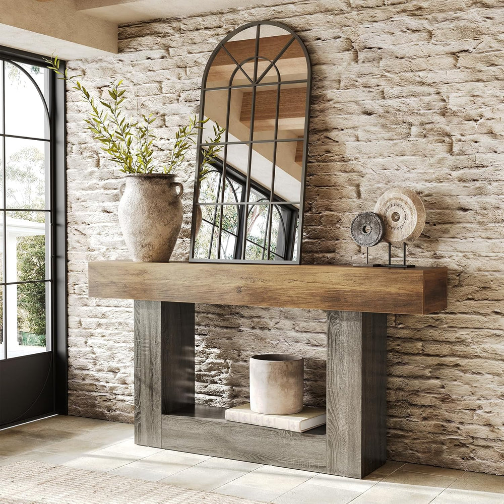 LITTLE TREE 63 Inches Long Console Table, 2-Tier Farmhouse Sofa Table Behind ...