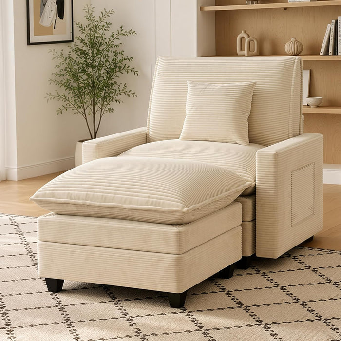 Oversized Accent Chair with Ottoman, 41" Comfy Cloud Single Seat Sofa | Comfy Corduroy Armchair with Throw Pillow & Side Pockets, Modern Reading Chair for Living Room, Bedroom, Apartment
