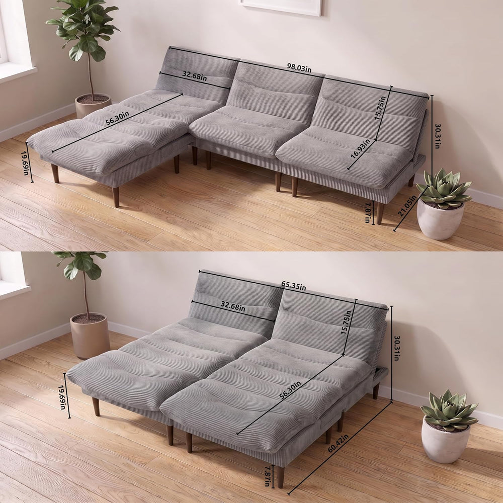98 Inch Corduroy Futon Sofa Bed, Modular Sectional Sofa For Living Room