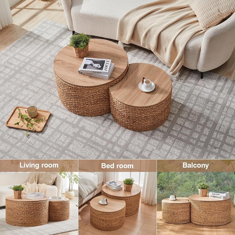 Round Nesting Coffee Table Set of 2 with Storage - Handwoven Wicker Rattan Ot...