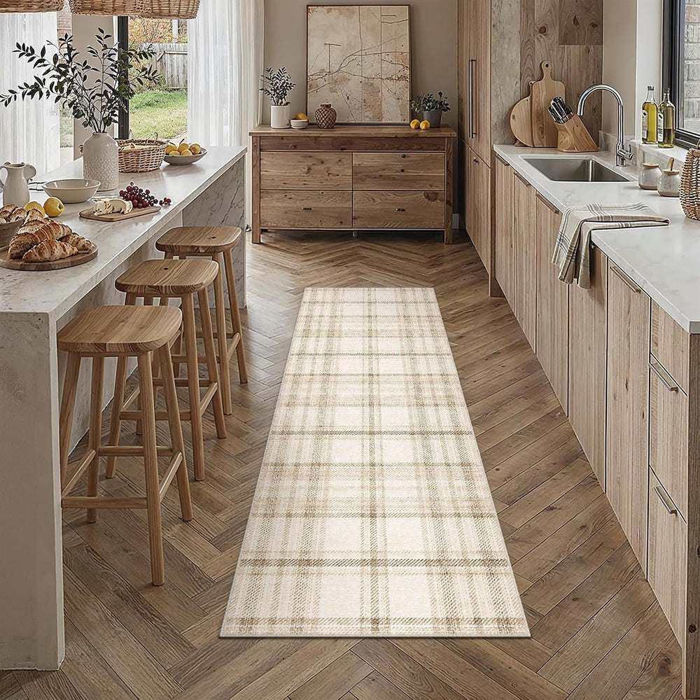 2x6 Beige Plaid Kitchen Runner Rug