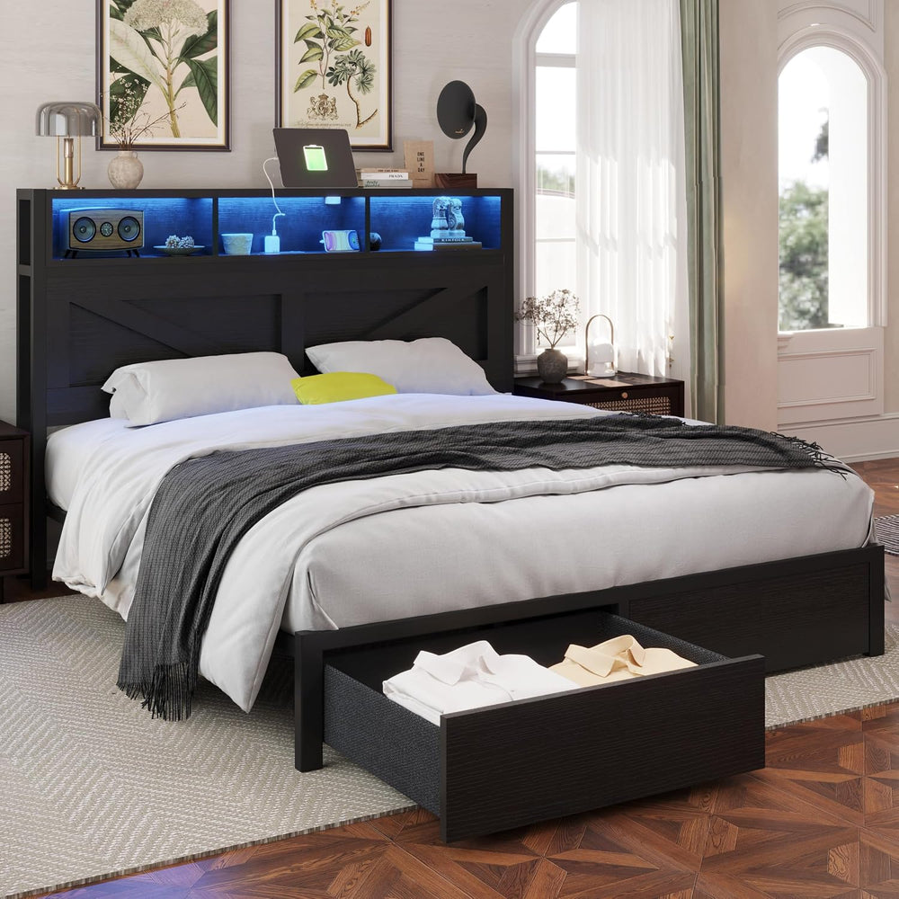 Farmhouse Full Bed Frame with Storage Bookcase Headboard & Drawers, Black