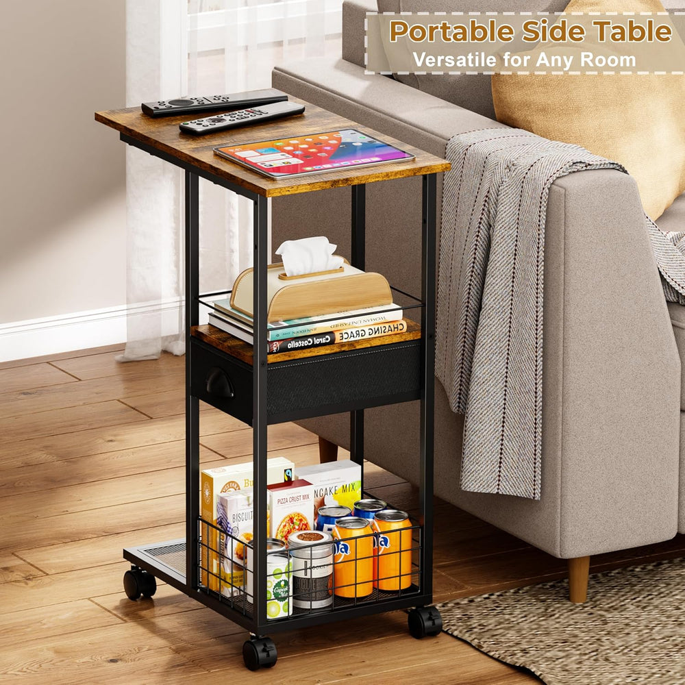 C Shaped Sofa Side Table with Wheels, Rolling Small Coffee Table with Drawer,...