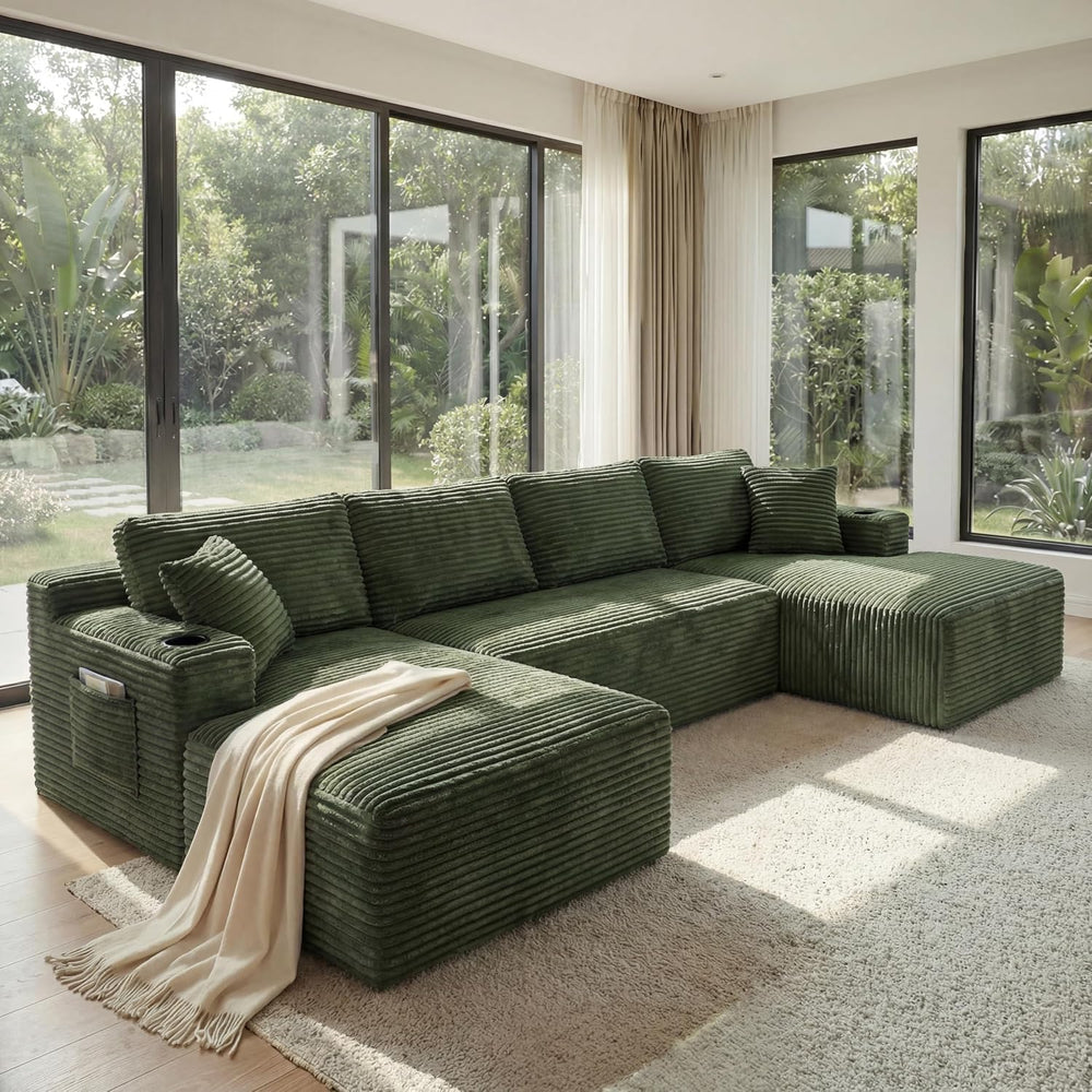 133" U-Shaped Modular Sectional Sofa, Corduroy Boneless Couch, Green | C...