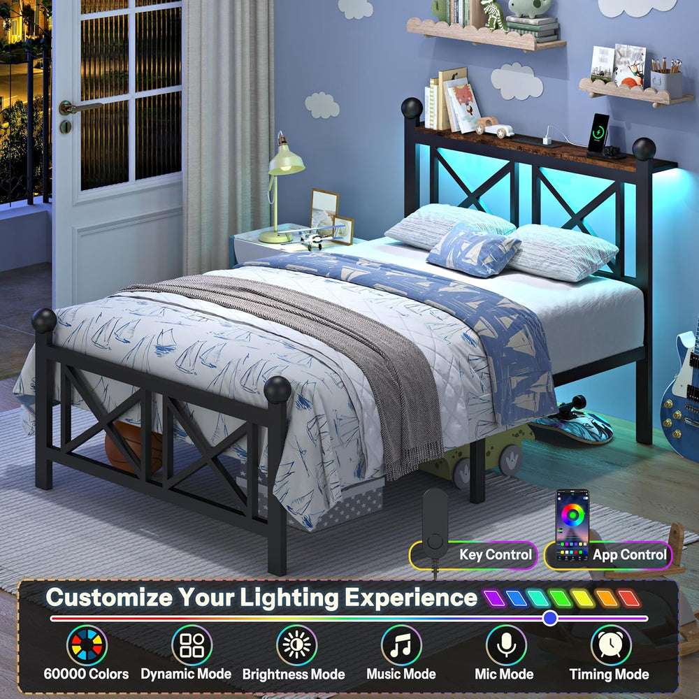 ChicZhiNest Twin Size Bed Frame with Charging Station and LED Lights, Metal P...