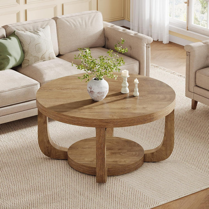 Tribesigns Round Coffee Table, 2-Tier Circle Coffee Table with Storage, Modern Wooden Accent Center Table for Living Room, Thick Tabletop & Base (Rustic Oak)