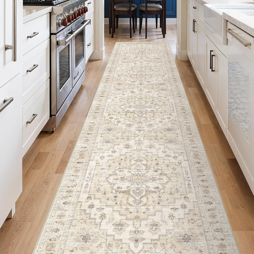 2'6''x12 Washable Runner Rug: Vintage Floral Low Pile Hallway Rug...