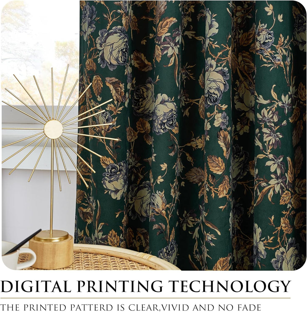 StangH Retro Green Floral Velvet Curtains for Bedroom, W52 x L96, 2 Panels