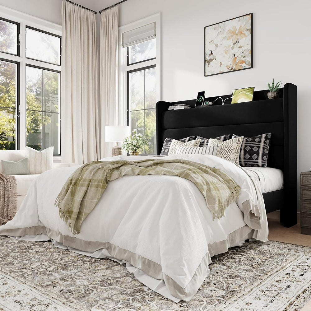 Allewie Full Size Upholstered Bed Frame with Charging Station, Black