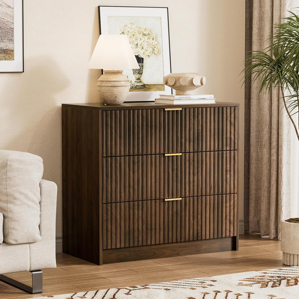 3 Piece Modern Bedroom Set, 9 Drawer Dresser with 2 Nightstands, Walnut