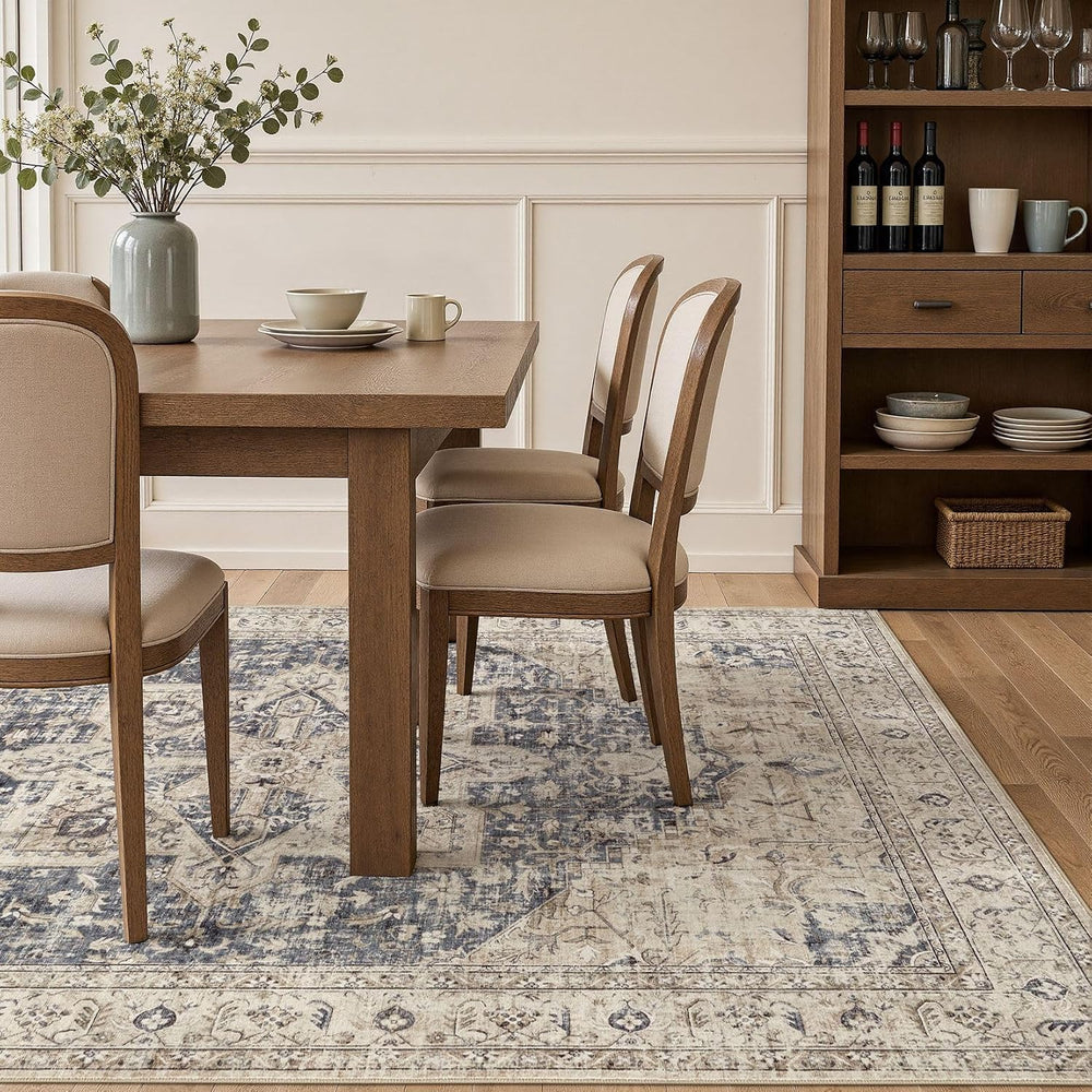 Tortania Area Rug 10x14 Living Room Rug Washable Soft Cream/Blue